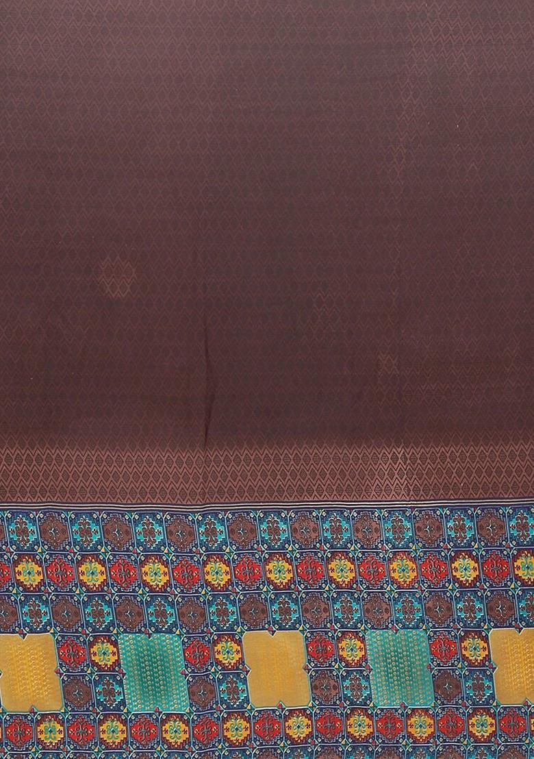 Brown Embroidered Poly Blend Saree Set