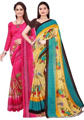 Pink Floral Georgette Saree Set (Set Of 2)