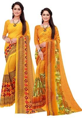 Yellow Floral Georgette Saree Set (Set Of 2)