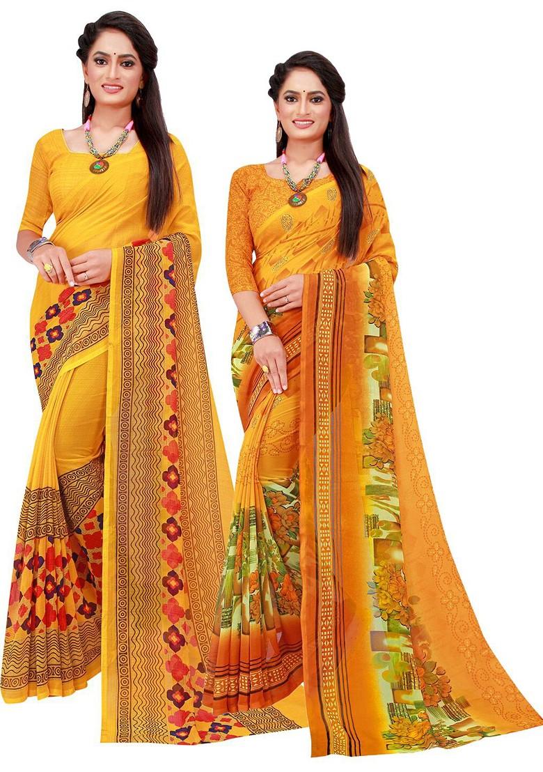 Yellow Floral Georgette Saree Set (Set Of 2)