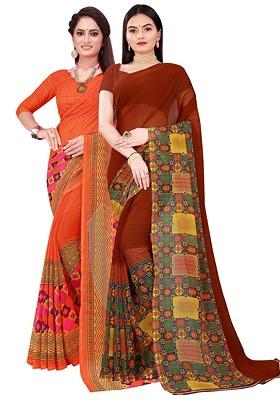Orange Embroidered Georgette Saree Set (Set Of 2)