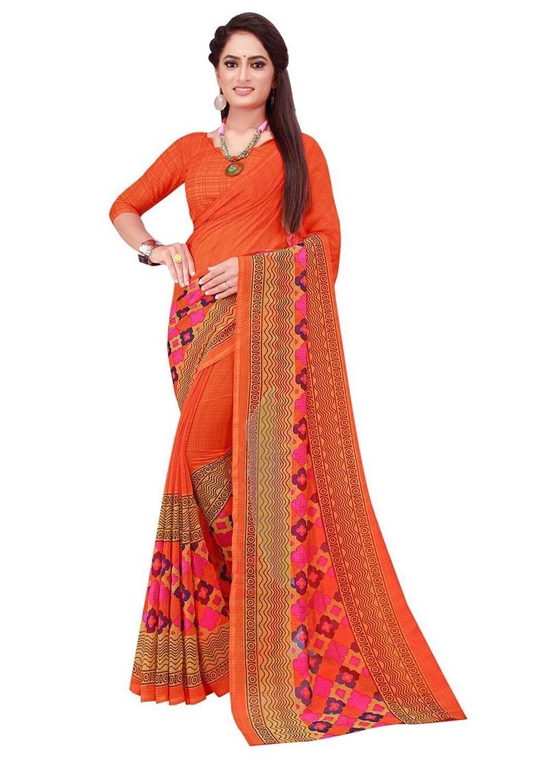 Orange Embroidered Georgette Saree Set (Set Of 2)