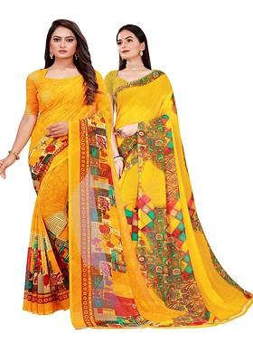 Yellow Floral Georgette Saree Set (Set Of 2)