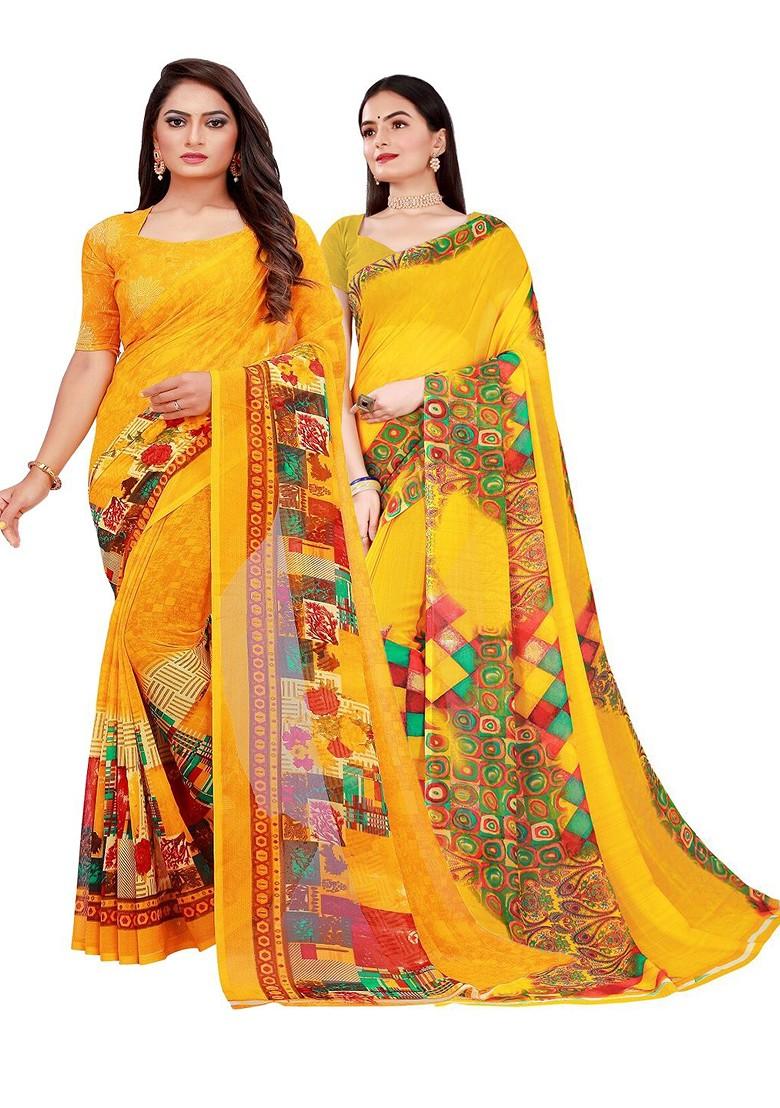 Yellow Floral Georgette Saree Set (Set Of 2)