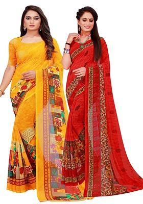 Yellow Embroidered Georgette Saree Set (Set Of 2)