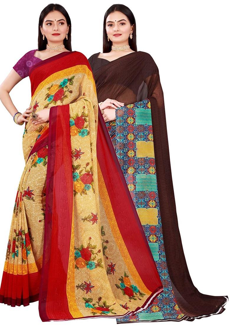 Beige Embroidered Georgette Saree Set