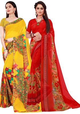 Yellow Embroidered Georgette Saree Set