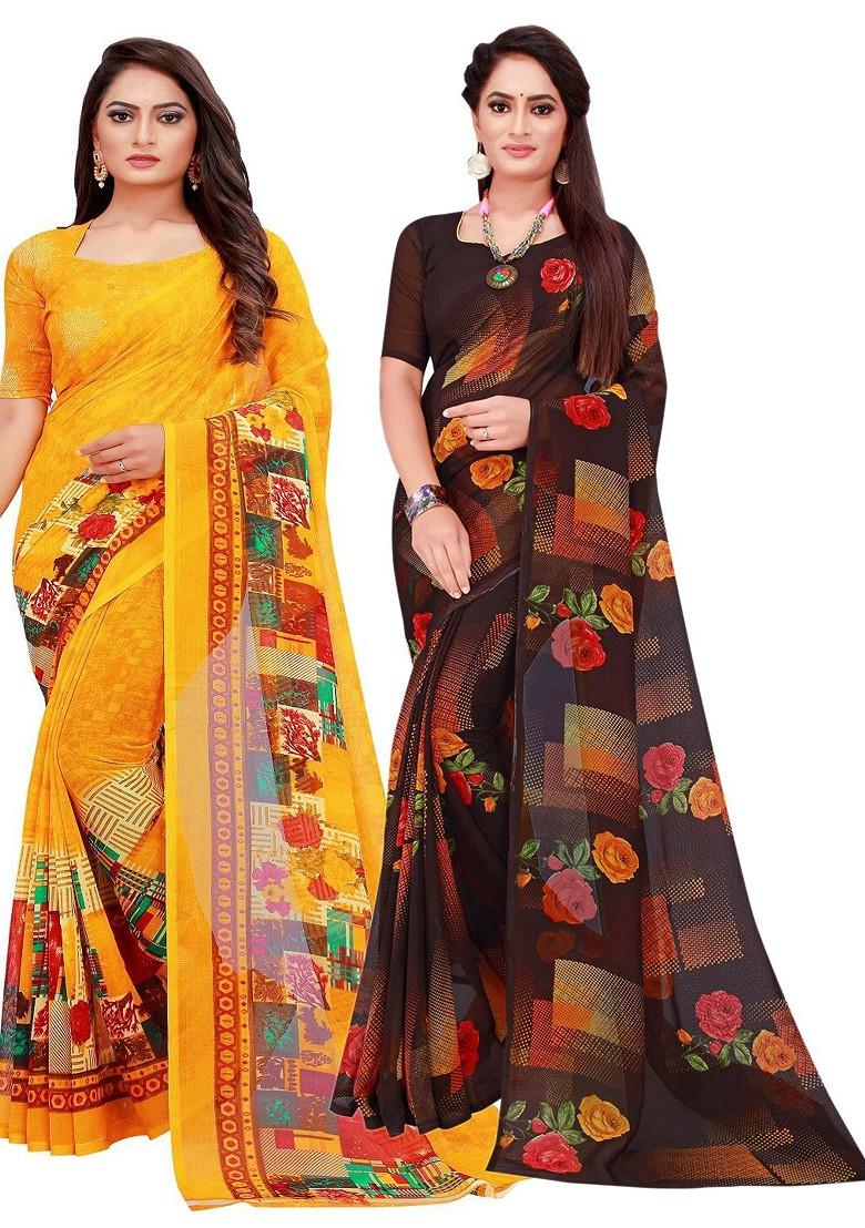 Yellow Embroidered Georgette Saree Set (Set Of 2)