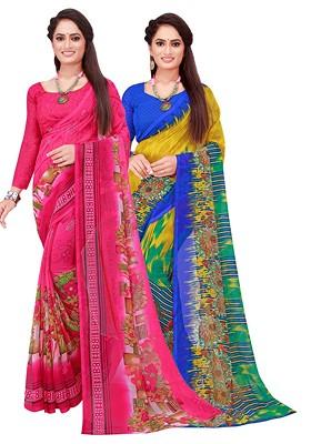 Pink Embroidered Georgette Saree Set (Set Of 2)