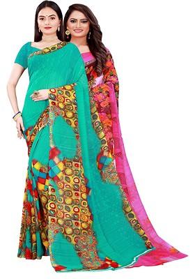 Pink Floral Georgette Saree Set (Set Of 2)