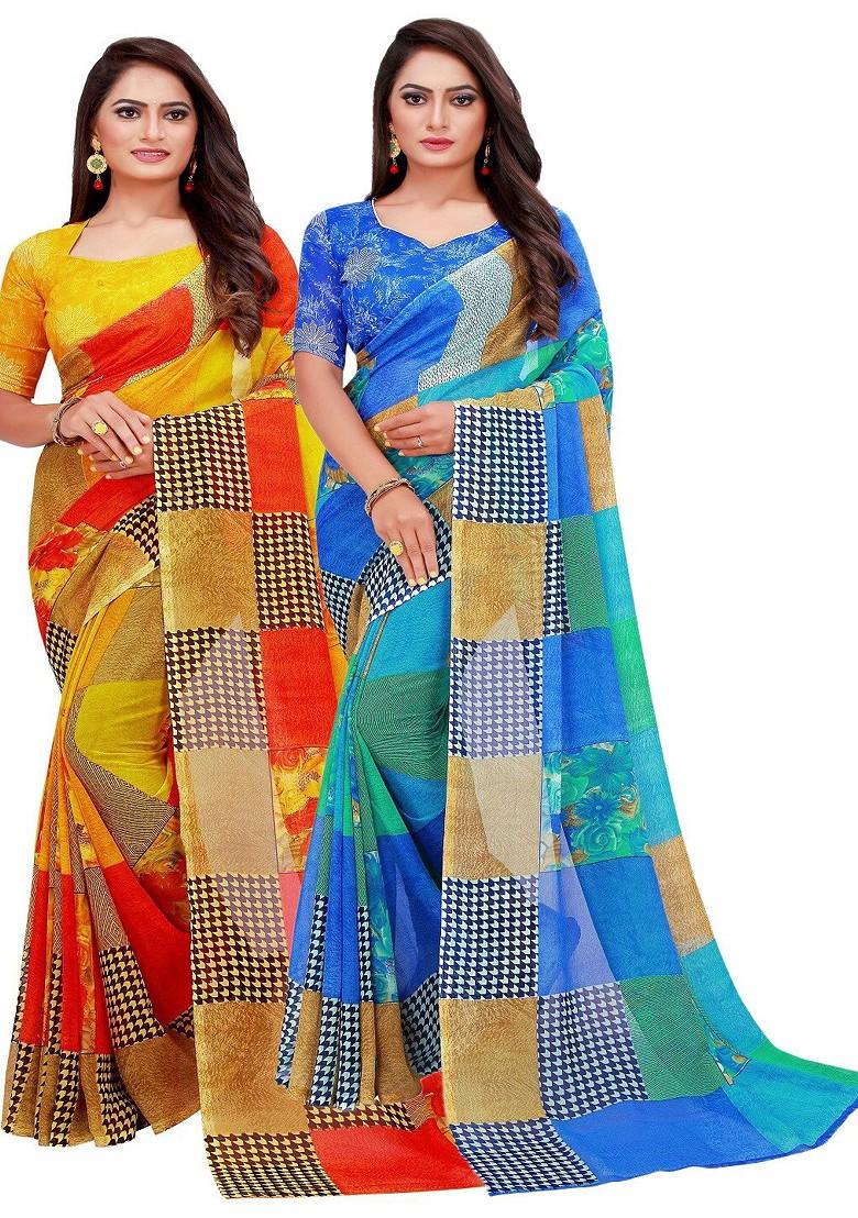 Blue Embroidered Georgette Saree Set (Set Of 2)