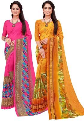 Magenta Embroidered Georgette Saree Set (Set Of 2)