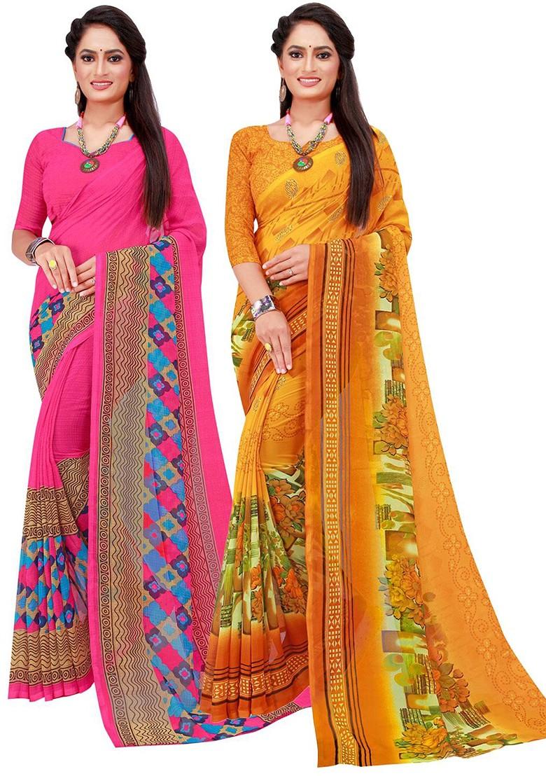 Magenta Embroidered Georgette Saree Set (Set Of 2)