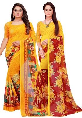 Yellow Embroidered Poly Blend Saree Set