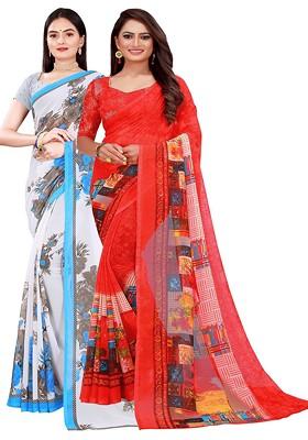 Red Floral Georgette Saree Set (Set Of 2)