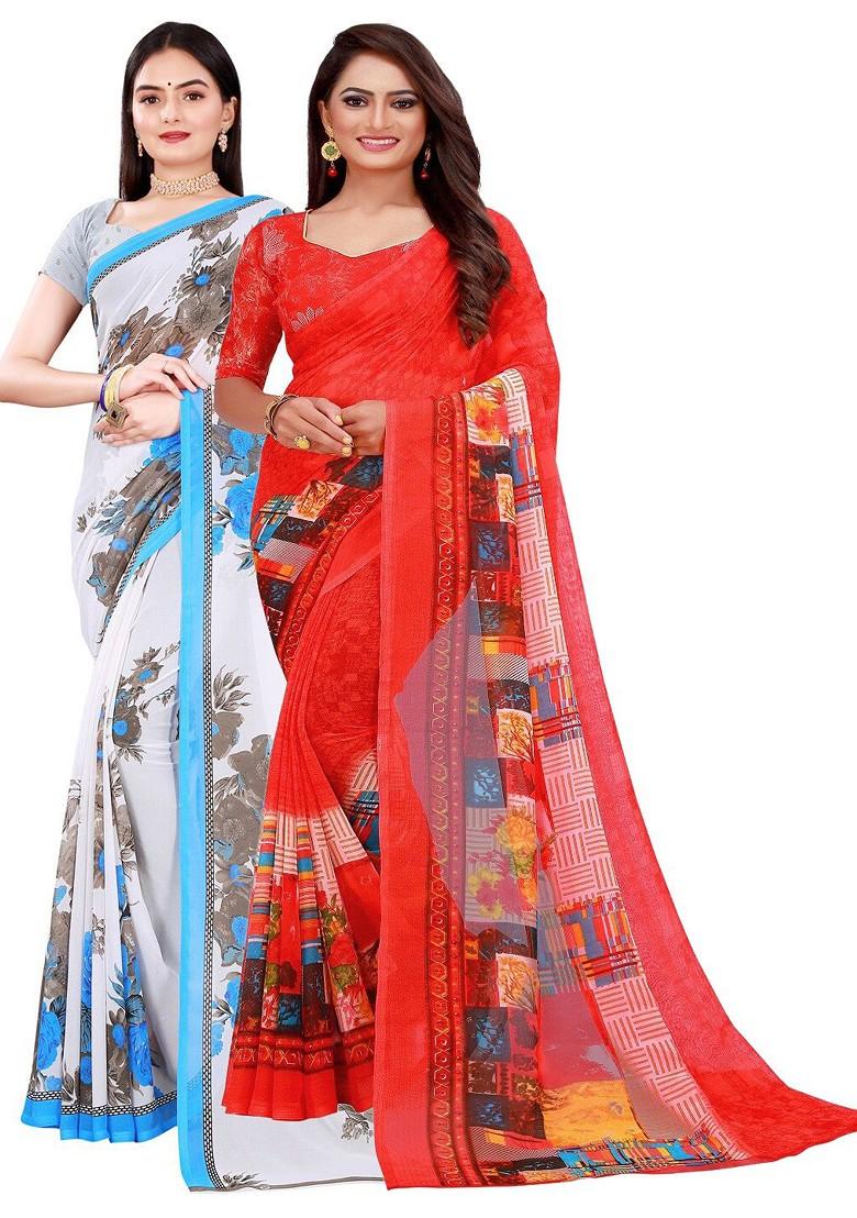 Red Floral Georgette Saree Set (Set Of 2)