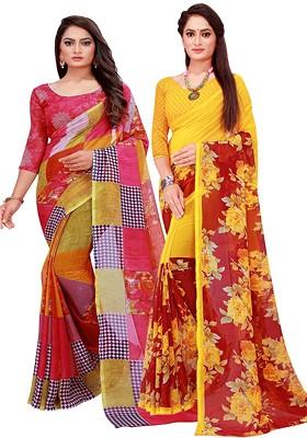 Red Embroidered Poly Blend Saree Set