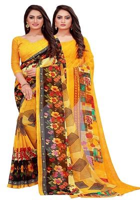 Yellow Printed Georgette Saree Set (Set Of 2)