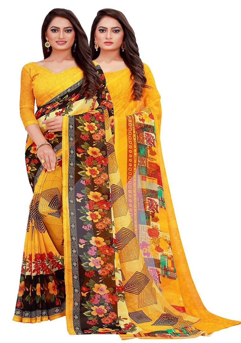 Yellow Printed Georgette Saree Set (Set Of 2)