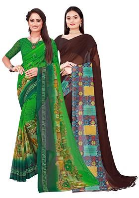 Brown Embroidered Georgette Saree Set