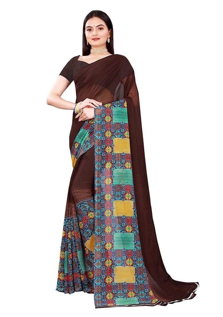 Brown Embroidered Georgette Saree Set
