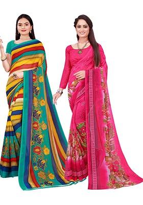 Pink Embroidered Georgette Saree Set (Set Of 2)