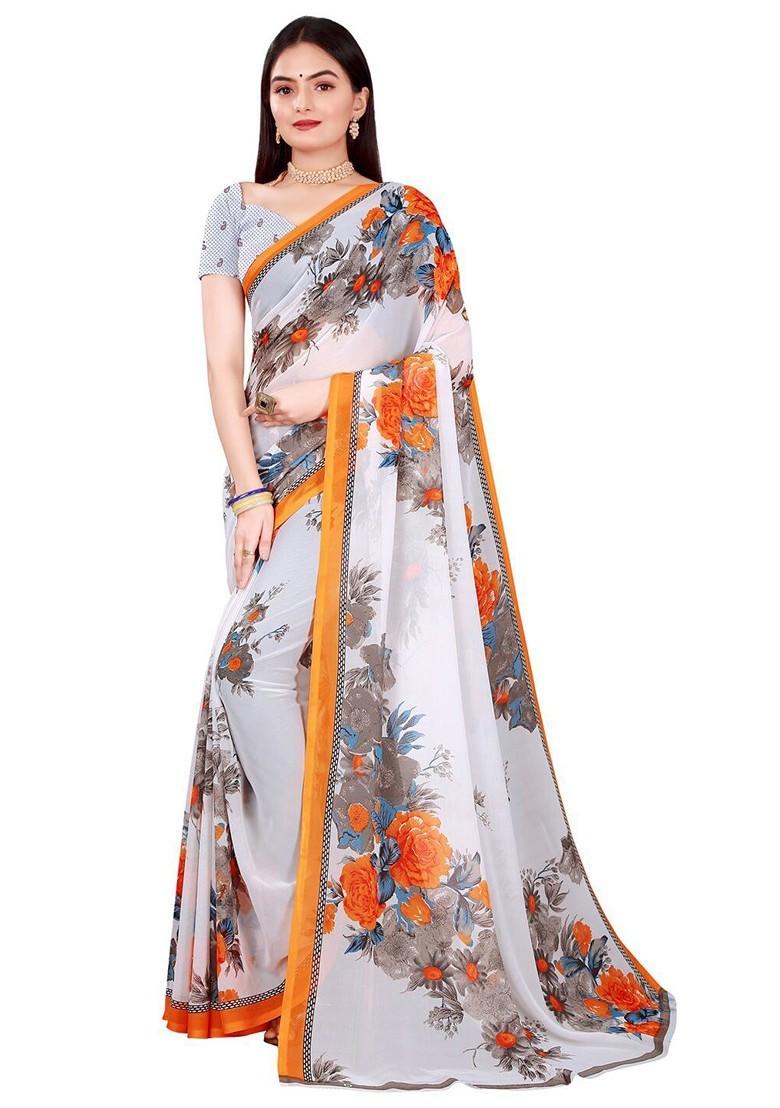 White Floral Georgette Saree Set