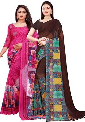 Brown Floral Poly Blend Saree Set (Set Of 2)