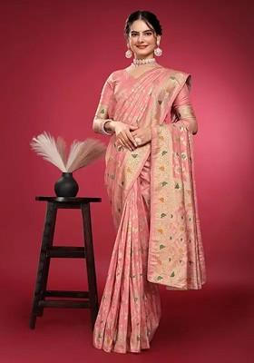 Peach woven Silk Saree Set