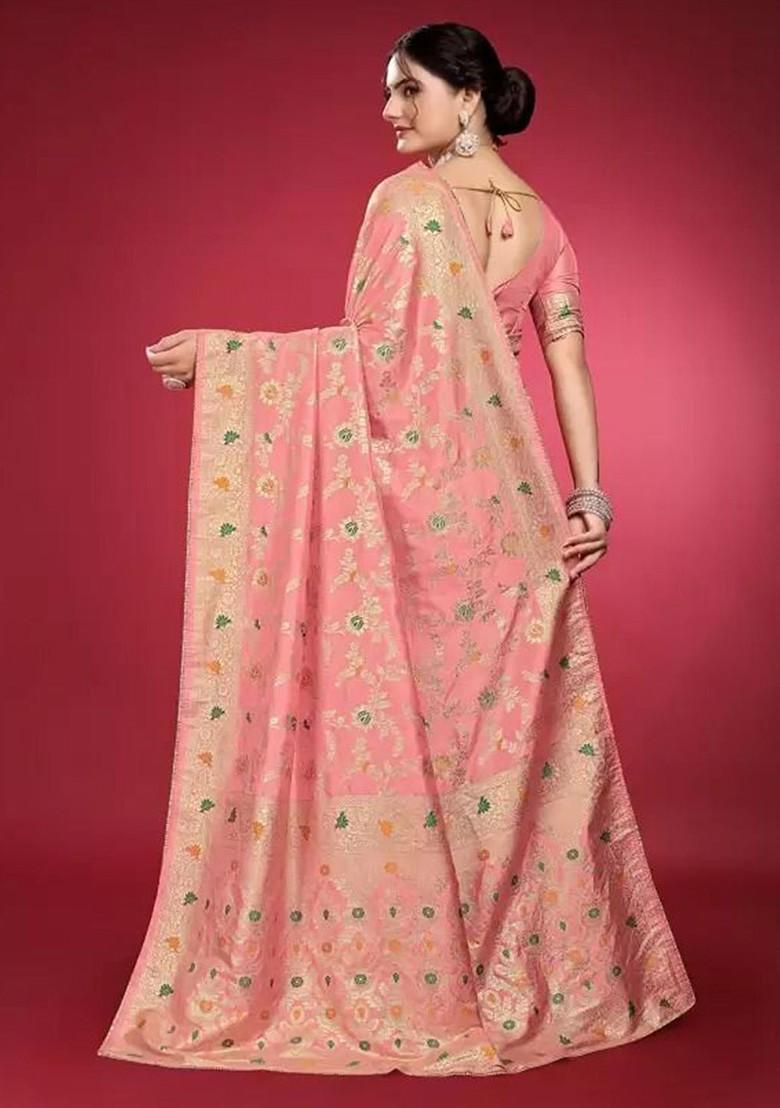 Peach woven Silk Saree Set