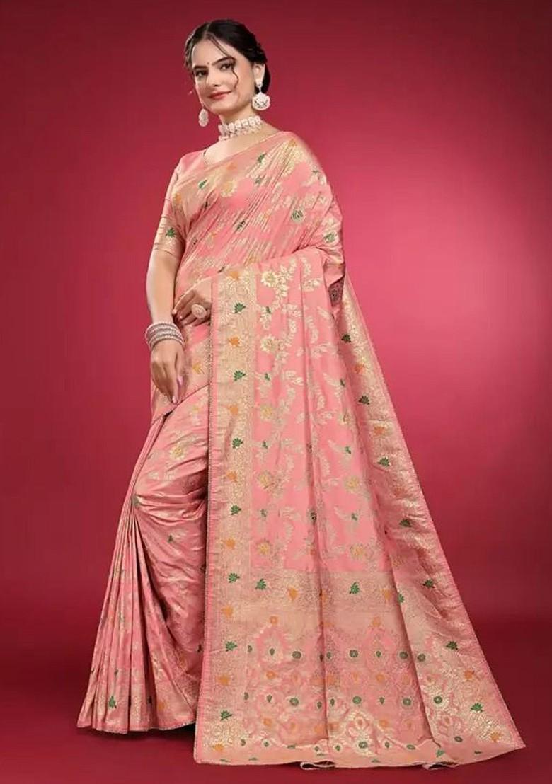 Peach woven Silk Saree Set