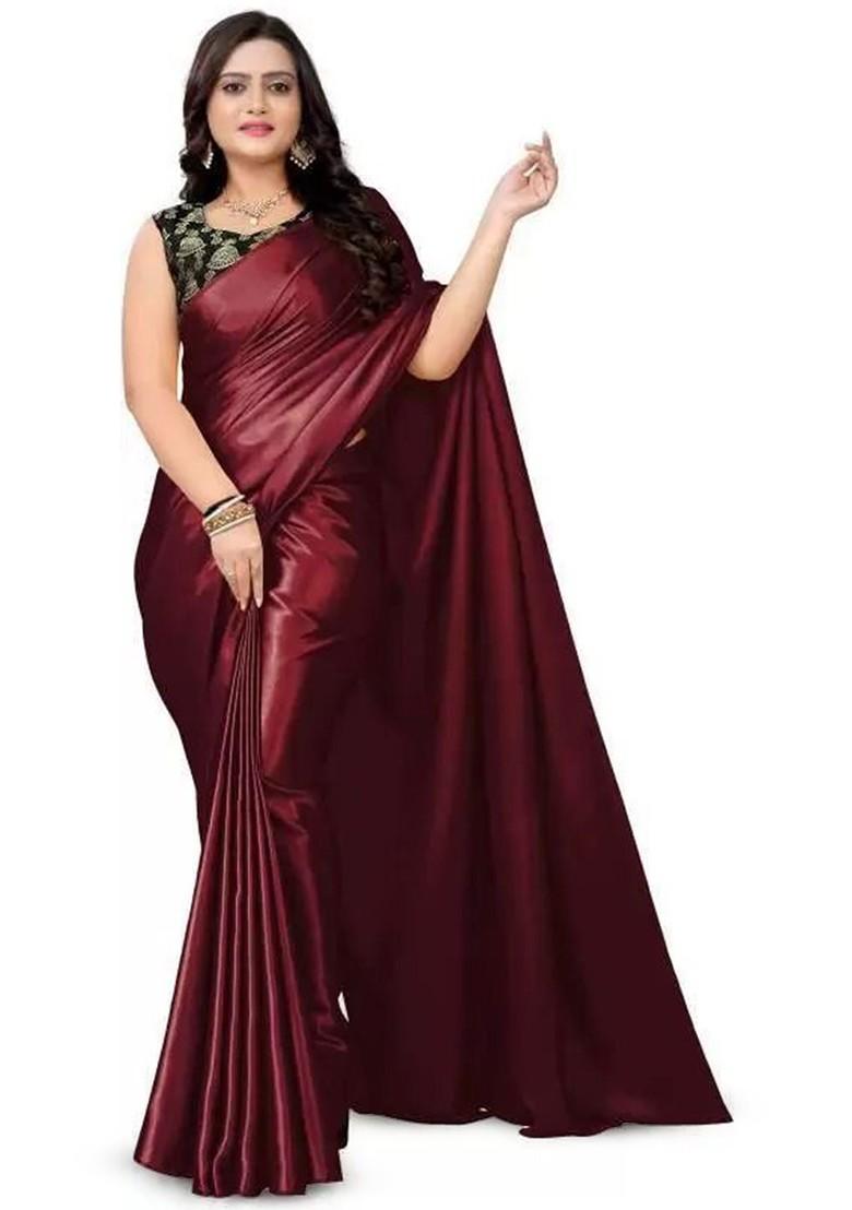 Maroon Embroidered Satin Saree Set