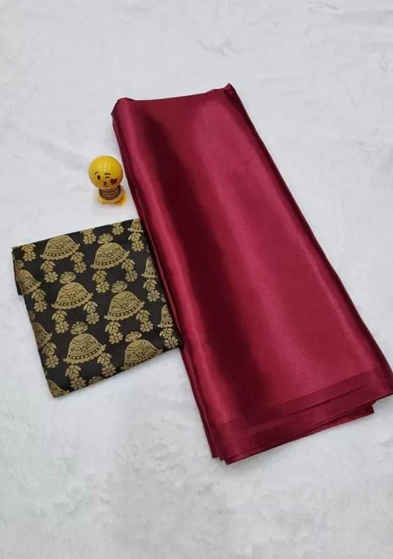 Maroon Embroidered Satin Saree Set