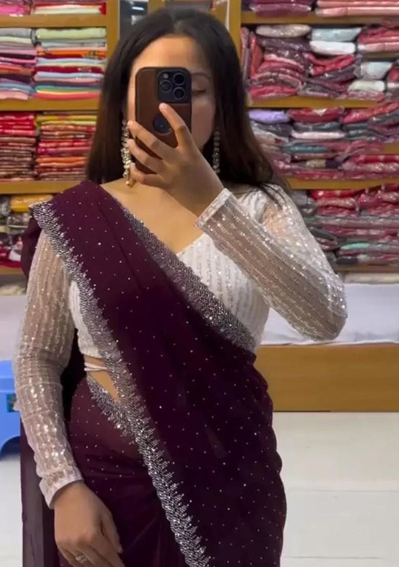 Burgundy Embellished Georgette Saree Set