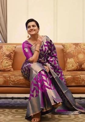 Purple woven Silk Saree Set