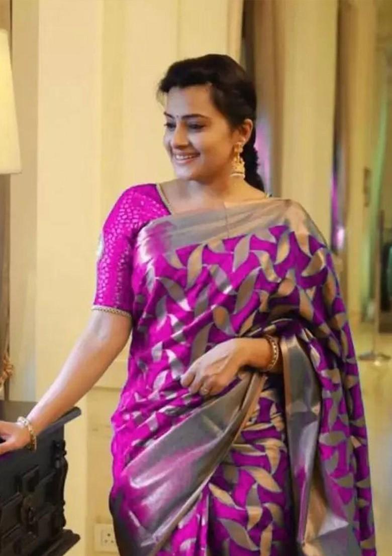 Purple woven Silk Saree Set