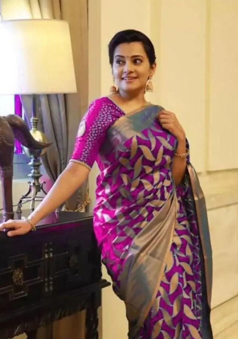 Purple woven Silk Saree Set