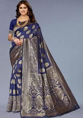 Navy Blue woven Kanjeevaram Saree Set