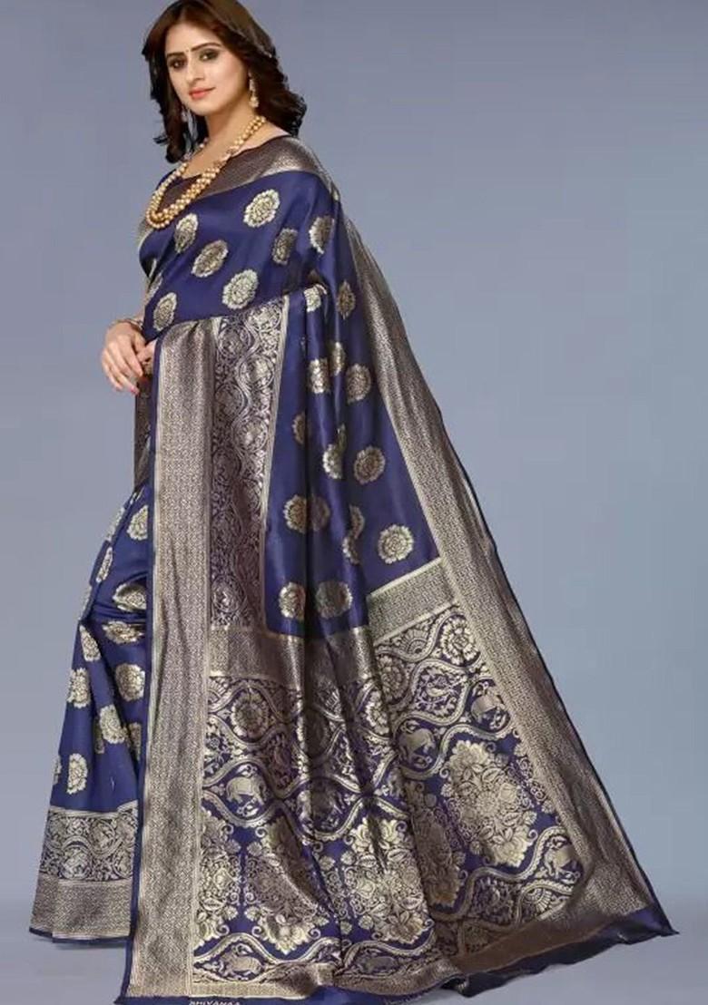 Navy Blue woven Kanjeevaram Saree Set