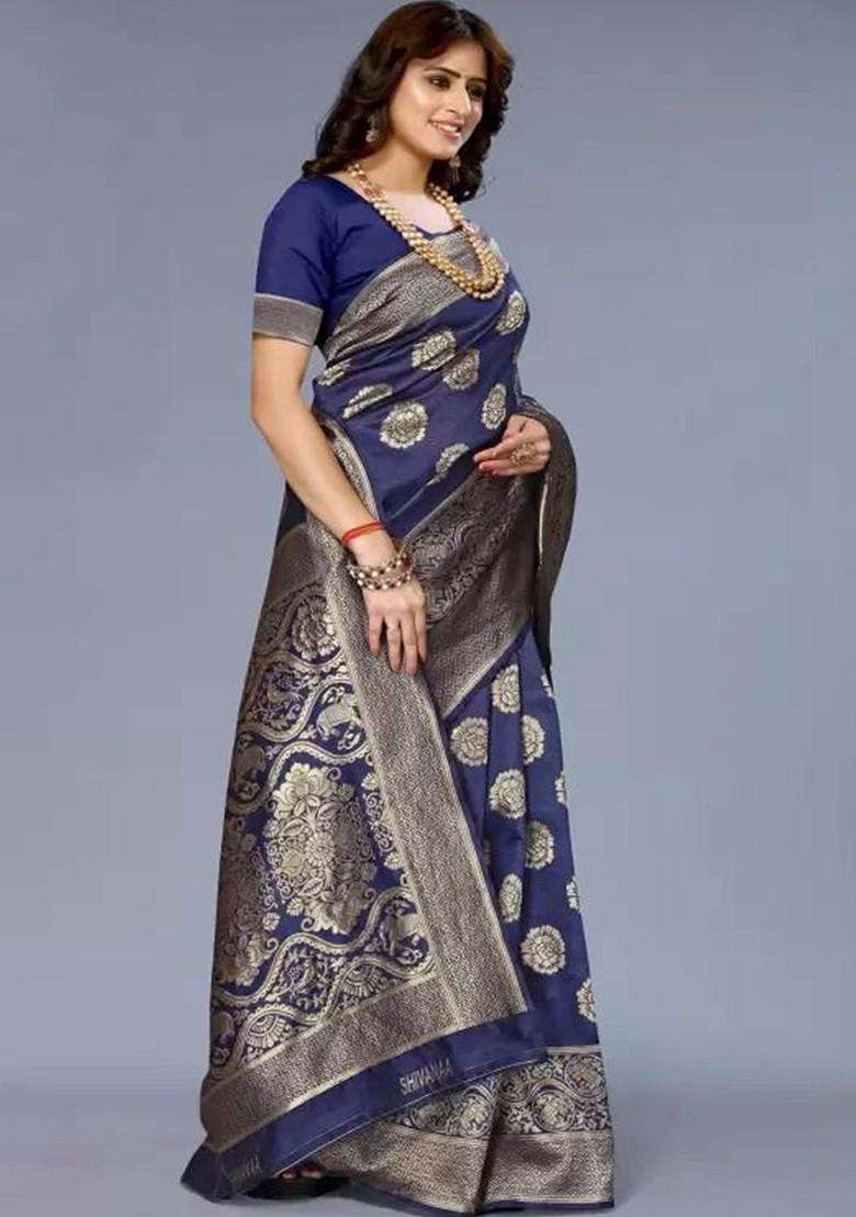 Navy Blue woven Kanjeevaram Saree Set