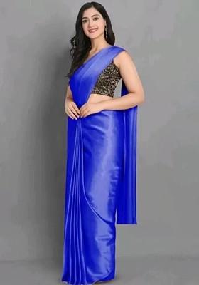 Blue Embroidered Satin Saree Set