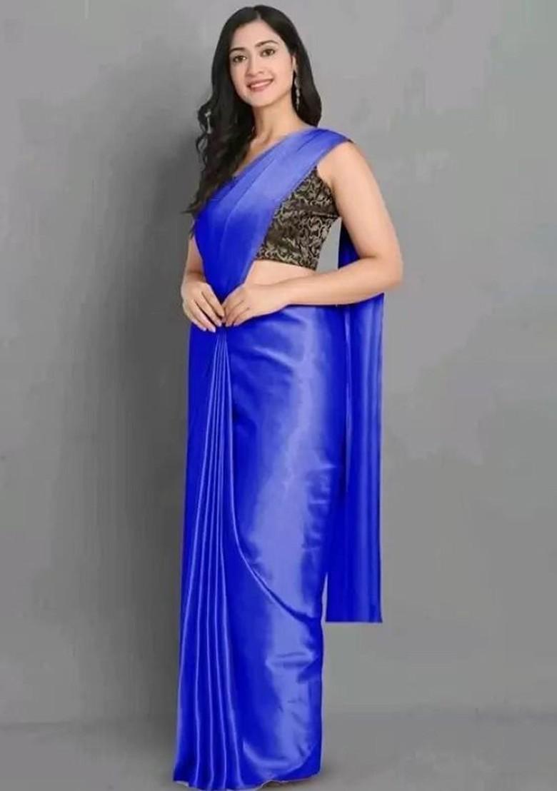Blue Embroidered Satin Saree Set