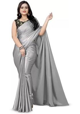 Grey Embroidered Satin Saree Set