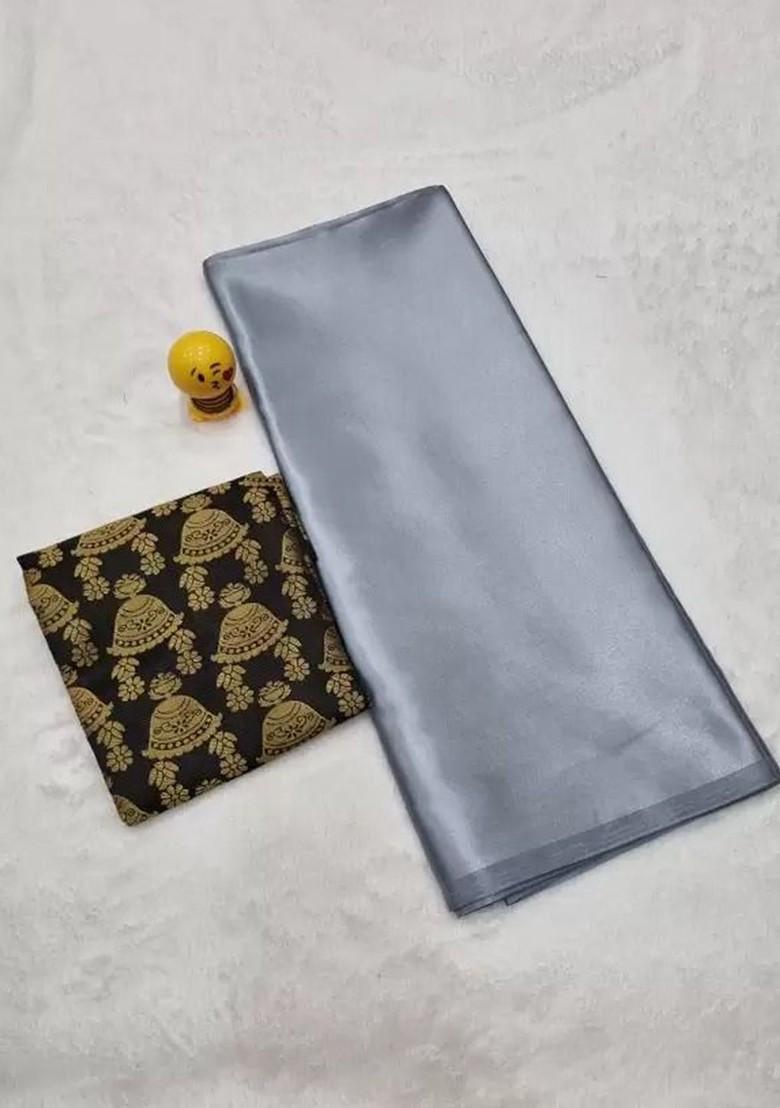 Grey Embroidered Satin Saree Set