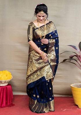 Navy Blue woven Kanjeevaram Saree Set