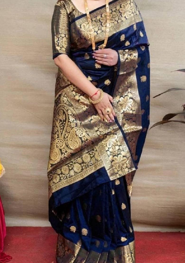 Navy Blue woven Kanjeevaram Saree Set