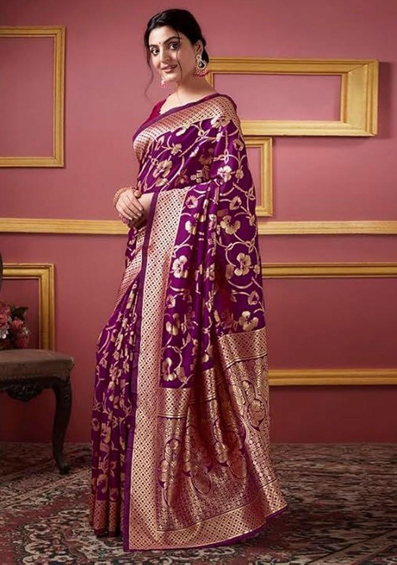 Burgundy woven Kanjeevaram Saree Set