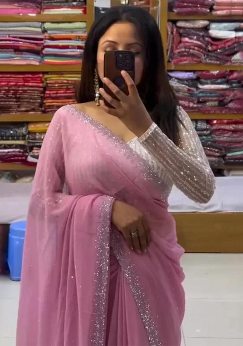 Pink Embellished Georgette Saree Set