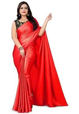 Red Embroidered Satin Saree Set