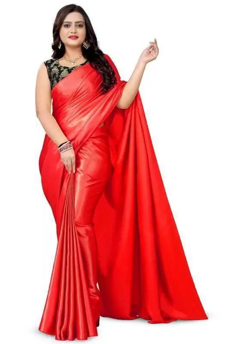Red Embroidered Satin Saree Set